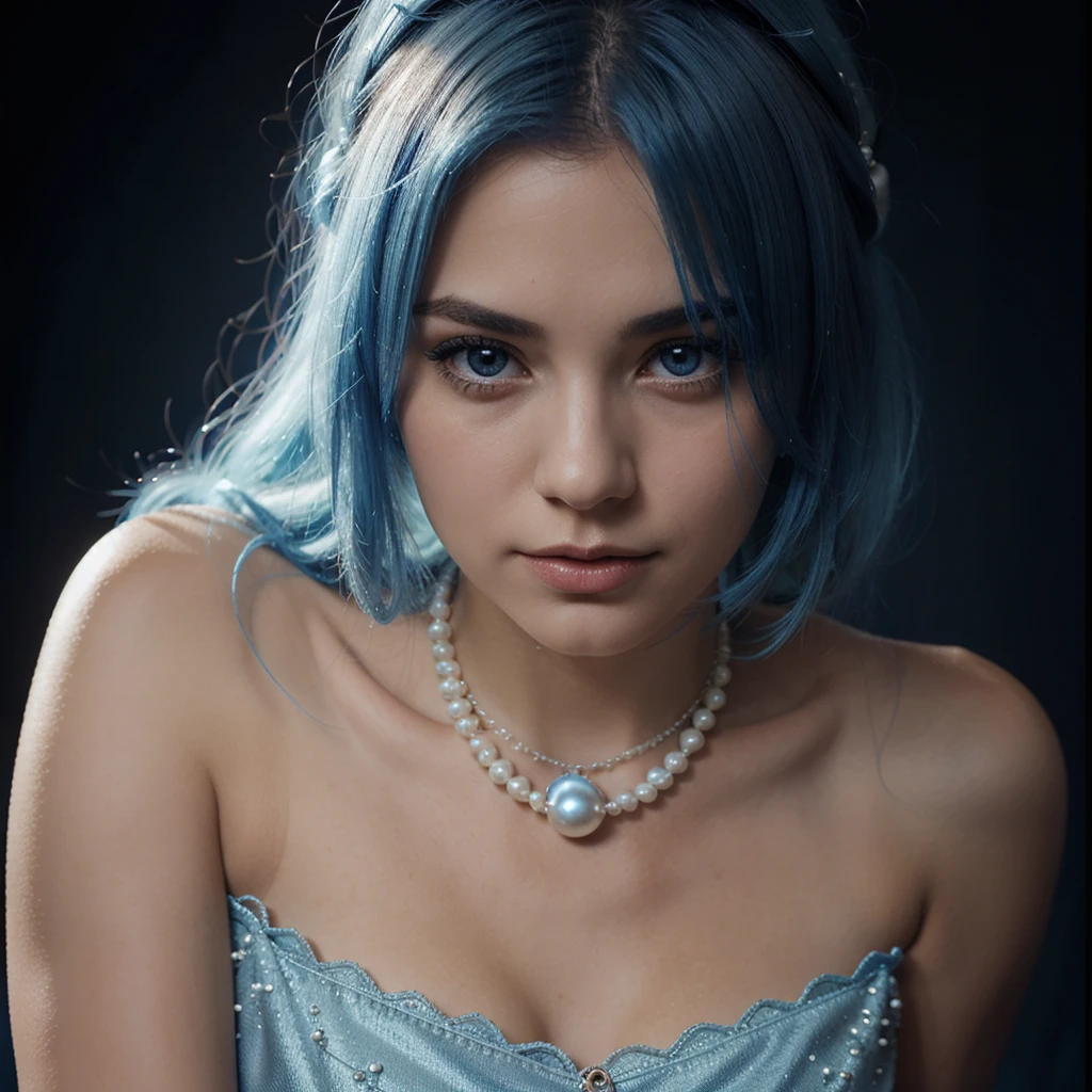 A beautiful woman Blue hair, white With an intimate look with a blue pearl necklace, Dark background