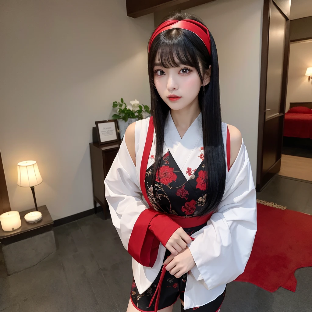 Urzan-6500-v1.1,  (RAW Photos:1.2), (Photorealistic), (Genuine:1.4), (Pieces fly), Elegant woman with a perfect figure: 1.3, Jet Black Hair、((Straight bob hair with neatly trimmed ends、bangs、Red Hairband))、(She is wearing a deep purple furisode with an elegant pattern..)、Standing with the fan closed、Majestic Hall々, (A look full of murderous intent:1.2)、 Highly detailed face and skin, Beautiful Eyes, double eyelid,  Full Body Shot:1.2、Wearing short boots、(1 person:1.4)、With panties、