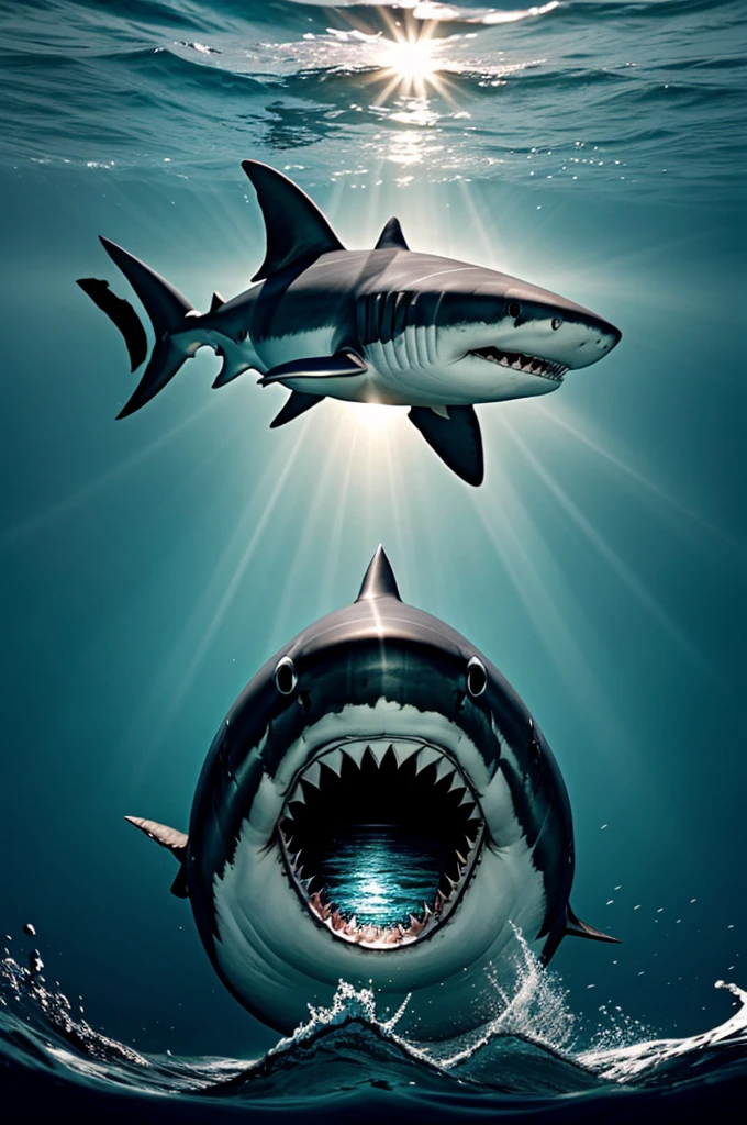 generates an image of a mysterious shark, hidden in the darkness of the sea and only his teeth are visible, its eye and its fin and that at the top you can see the reflection of the sun in the water