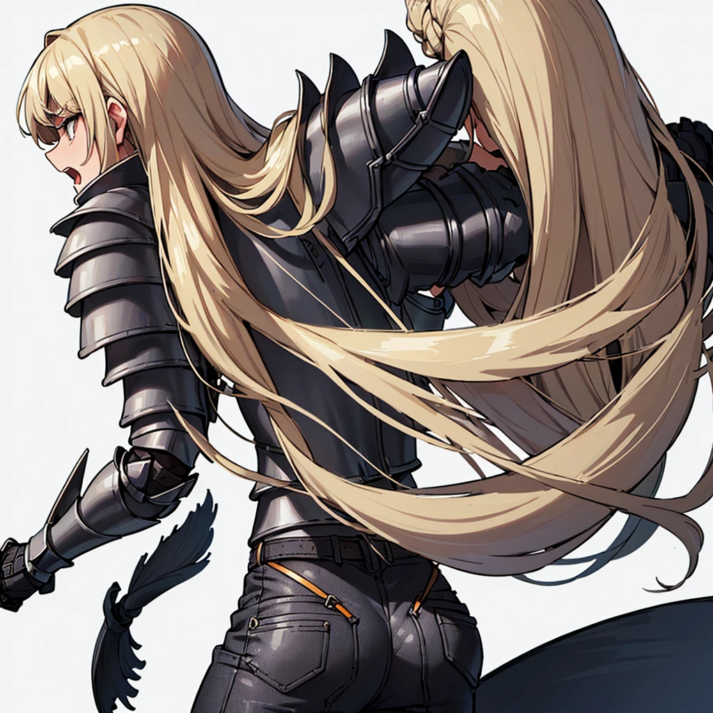 (((Solo)))、Highest quality, Best Quality、(((Gray simple armor、Black trousers))、(woman、18-year-old)、(Blonde、Long Hair)、(Cowboy Shot)、(White background)、(get annoyed、Open your mouth)、(From the back)、Fighting Pose