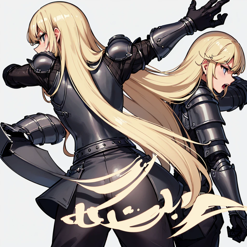 (((Solo)))、Highest quality, Best Quality、(((Gray simple armor、Black trousers))、(woman、18-year-old)、(Blonde、Long Hair)、(Cowboy Shot)、(White background)、(get annoyed、Open your mouth)、(From the back)、Fighting Pose