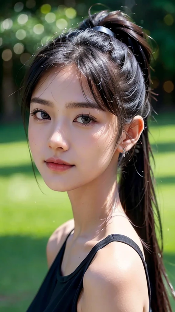 dress,outdoors,Urban Park,On the lawn,One woman,close up face,fully body photo,masutepiece, The highest image quality, High quality, the background is clear,Beautiful woman, Japanese, Detailed, Ultra-detailed, finely detail, hight resolution, 8K Wallpaper, Perfect dynamic composition, Beautiful detailed eyes ,Detailed eyes, Detailed skin, Beautiful skin, 超hight resolution, (reality: 1.4),Very beautiful woman, Slightly younger face, Beautiful skin, slender, (Ultra photo realsisim), (hight resolution), (8K), (Very detailed) (beautifully detailed eyes), (super detailed), (Detailed face), view the viewer, Fine details, Detailed face, Staring straight ahead, Staring straight ahead, photos realistic, Bright lighting, Professional Lighting, Black hair,poneyTail,a baby face,sixteen years old,Hairstyle: ponytail,Long ponytail hairstyle,slight smile,
