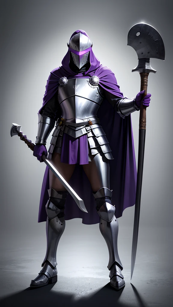 Knight wearing a flat helmet that covers the face, with a purple cape and holds an axe