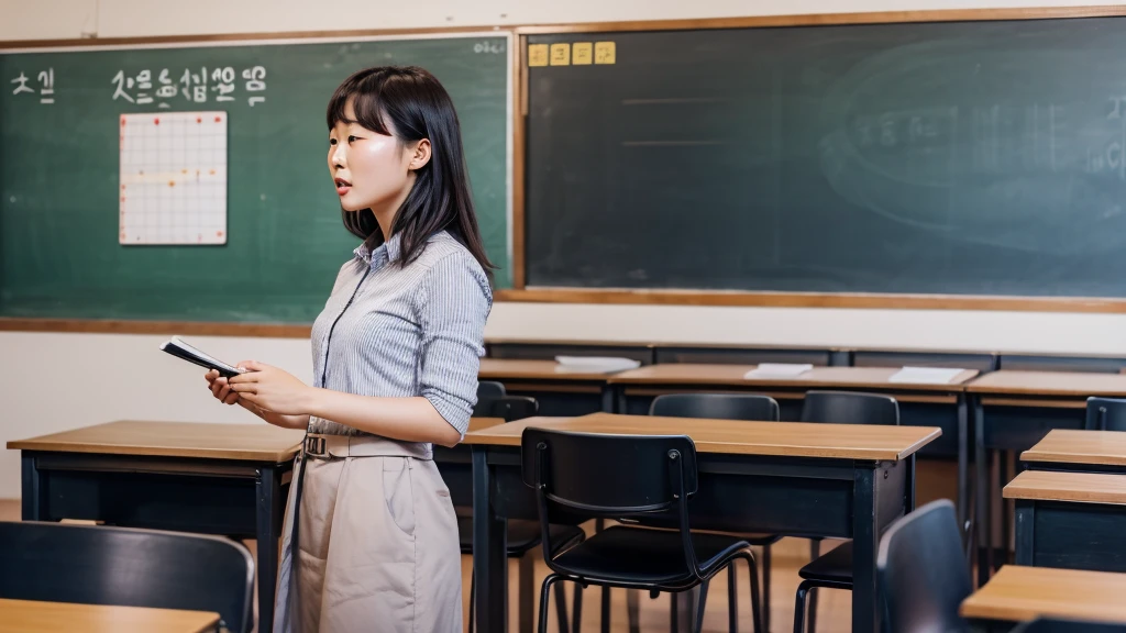 A Korean teacher in front of the blackboard giving instructions to her students how to masturbate 