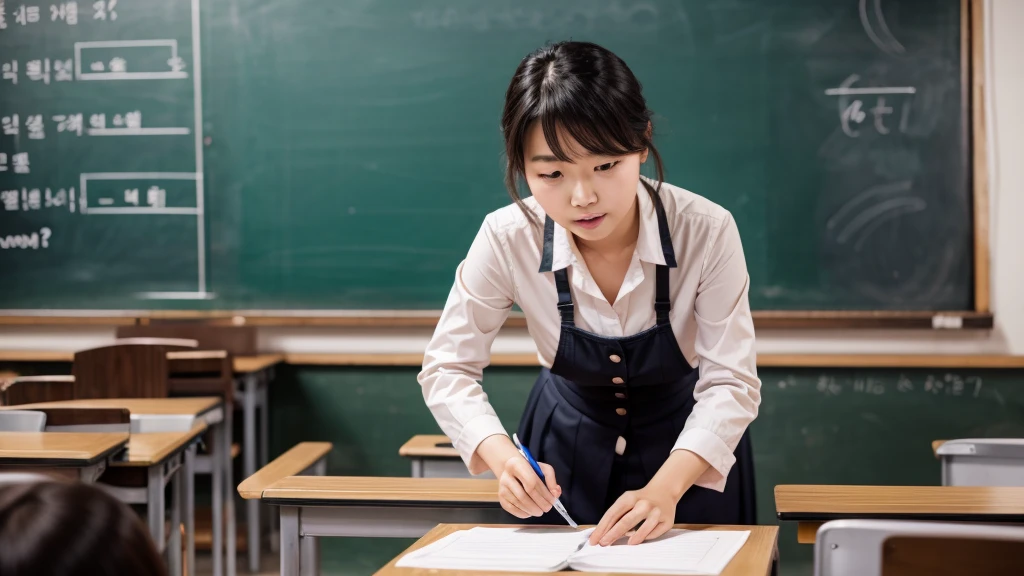 A Korean teacher in front of the blackboard giving instructions to her students how to masturbate