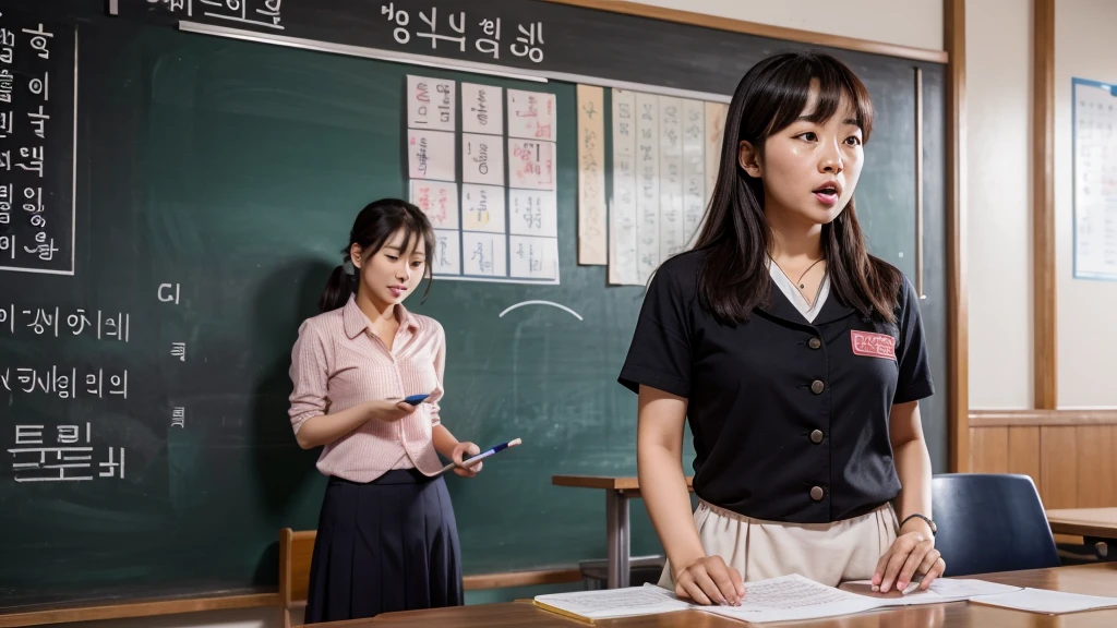 A Korean teacher in front of the blackboard giving instructions to her students how to masturbate