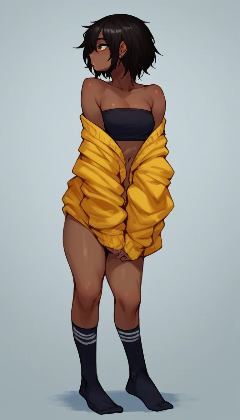 score_9, score_8_up, score_7_up, score_7, Expressiveh,best quality, masterpiece, ultra high resolution,
(demon boy:1.35), femboy, solo, jewelry, necklace, skirt, earrings, shoes, full_body, double_bun, sneakers, hair_bun, horns, horny, ((hands_on_hips)), standing, dark_skin, dark-skinned_female, black_hair, socks, off_shoulder, strapless