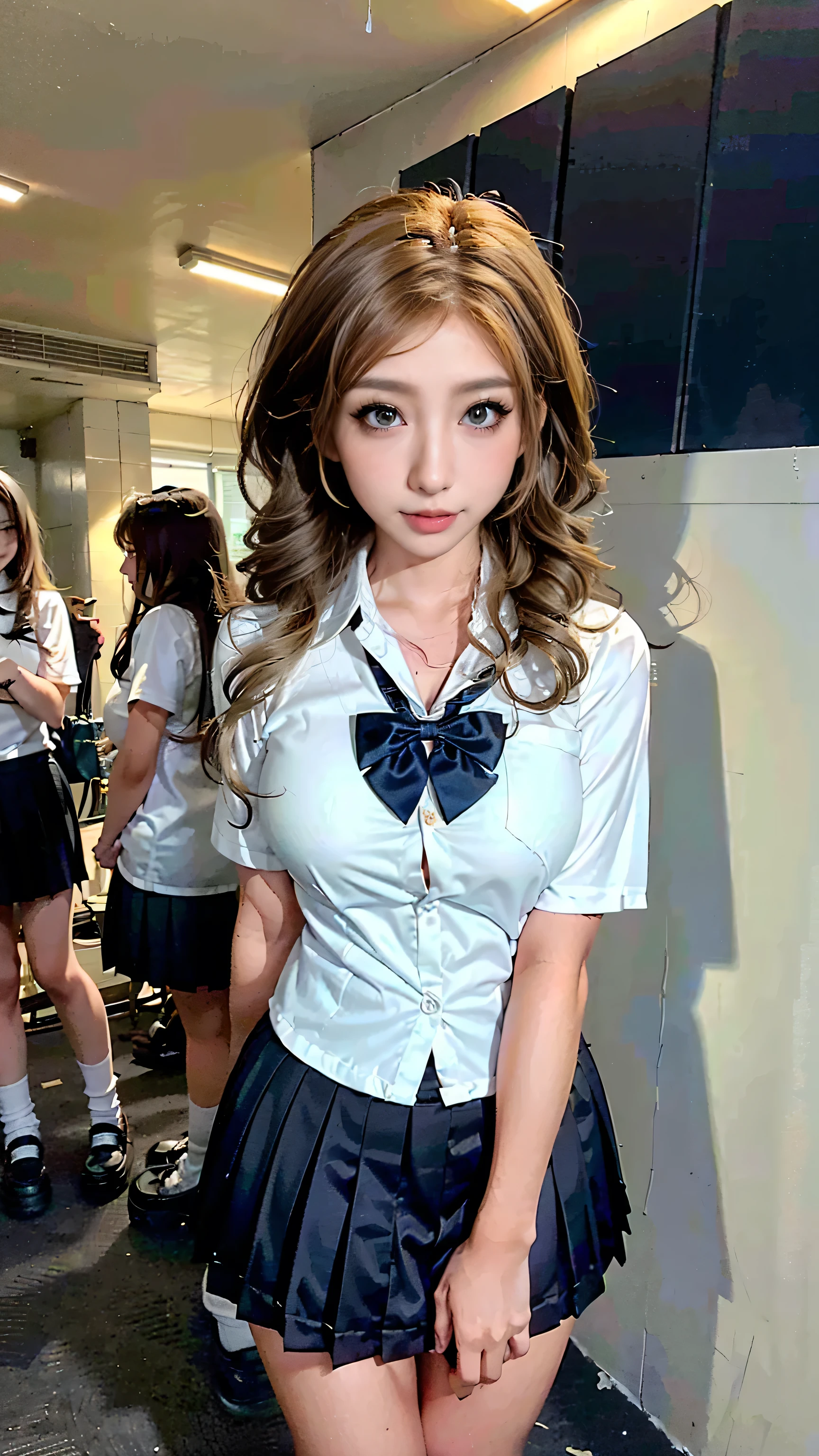 (scene; (Two women:1.8)), A gal of about the same height, (Two high school girls), (Shopping mall, Shopping Street, street, Outdoor), Full body portrait, Photograph the whole body, Are standing, (Tall, Thin thighs, Elongated arms and legs, Small waist, Small hips), ((Highly detailed skin), Beautiful realistic face, White skin, Pointed Chest, Perfect Anatomy, Realistic eyes, Natural eyes, Brown eyes, Accurate eye focus, Accurate limbs), (hyper realist, Ultra-realistic, 4K, Attention to detail, Ultra-high resolution, Highest quality, masterpiece, Presence, dynamic, Uplifting, bold, Sharpness), (Big Breasts:1.5), (Cleavage:1.5), (Blonde long hair:1.5, loose wavy long hair:1.5, Loose curly hair:1.5), (sleek bangs), (Twin tail hair), ((White collared shirt, Navy pleated mini skirt, Navy colored socks, Black loafers, Ribbon tie)), High school girl in uniform, Surreal high school girl, tall, High school girls in uniform, smile, Emphasis on cleavage, (Are standingTwo high school girls:1.8),