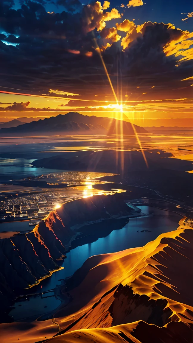 (Ultra-realistic:1.2), High resolution, (Bright colors, High resolution:1.1), (Sharp focus:1.1), (Physically Based Rendering:1.1), Tyndall effect, Colorful lights, (((Light shines through the gaps in the clouds))), Beautiful perspective, Contrasting Shadows, Moving configuration, Realistic scenery, unique configuration, Soft texture, Intricate details, Mysterious atmosphere, An artistic exploration of light and shadow,Golden dazzling light、Sunlight reflecting off the salt lake、A world view that captivates all who see it、