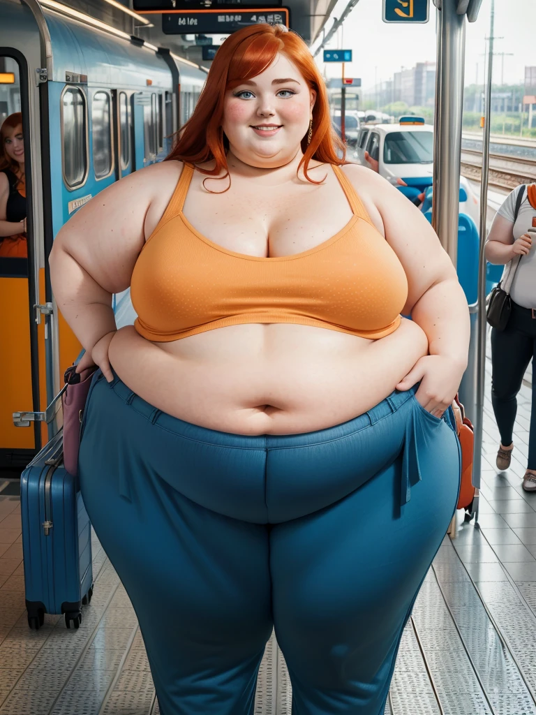 A Happy upper front look photo of a young beautiful redhead bbw bride with soft fat belly, wide fat obese hips, thick fat legs and fat arms, cute pretty face, small breasts, blue eyes, freckles, in a cute orange top and trousers with a suitcase in a train station