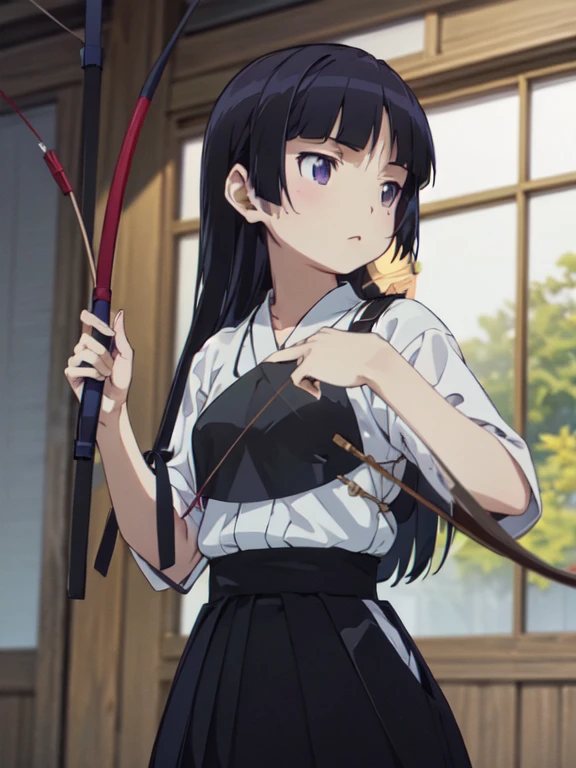 (ruri gokou), (Ultra-high resolution), (masterpiece), (Attention to detail), (high quality), (最high quality) , 1 girl, alone, girl, Hime cut, long hair, skirt, black hair, gloves, holding, yellow eyes, weapon, japanese clothes, holding weapon, outstretched arm, hakama, hakama skirt, single glove, bow \(weapon\), partially fingerless gloves, arrow \(projectile\), muneate, holding bow \(weapon\), aiming, yugake, holding arrow, drawing bow, archery, kyuudou, Kyudogi, muneate, tabi socks