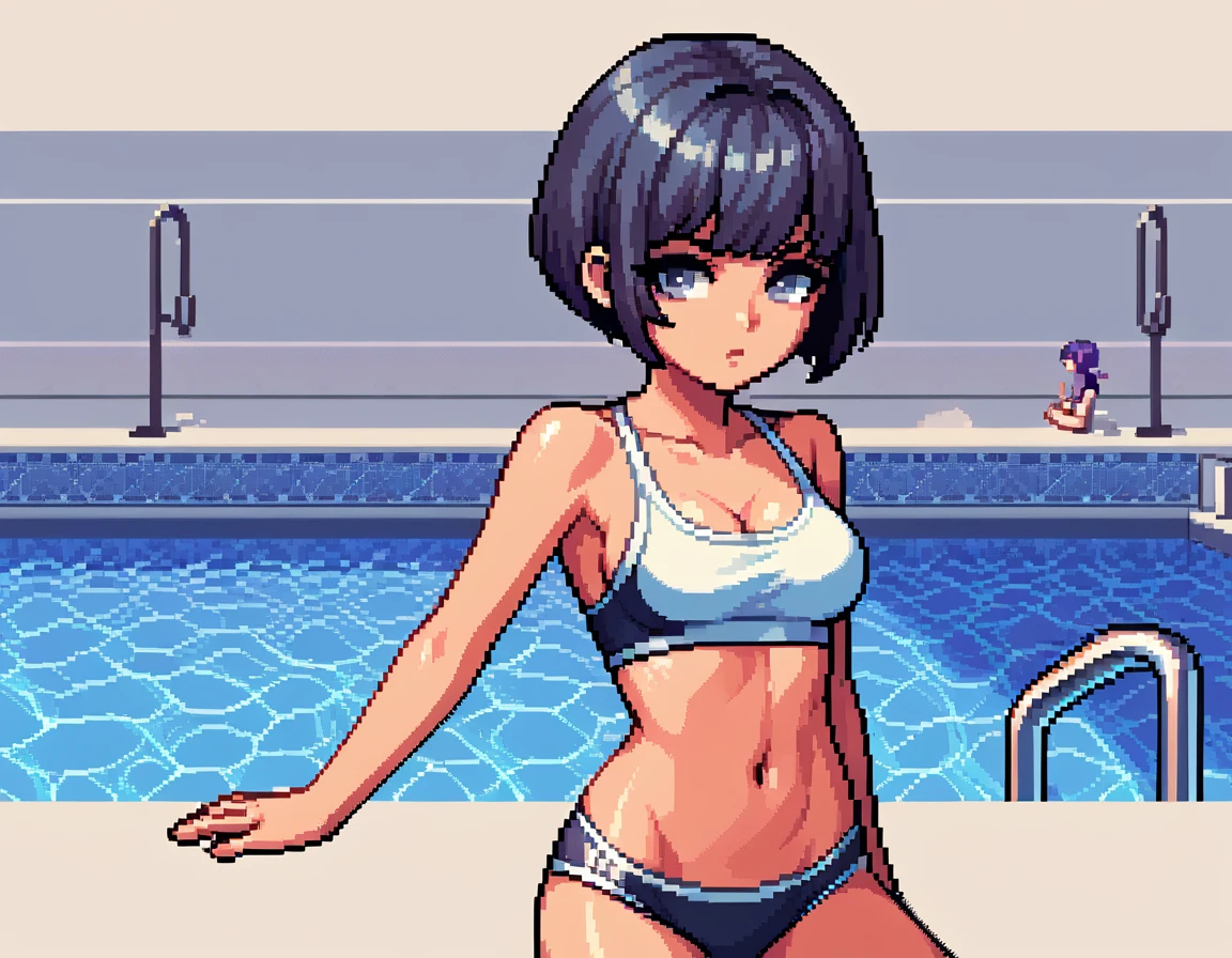 score_9, score_8_up, score_7_up, pixel art, 1girl,long shot, pool background, wearing a monokini, lovely lighting, bob cut hair, grey eyes, confused expression
