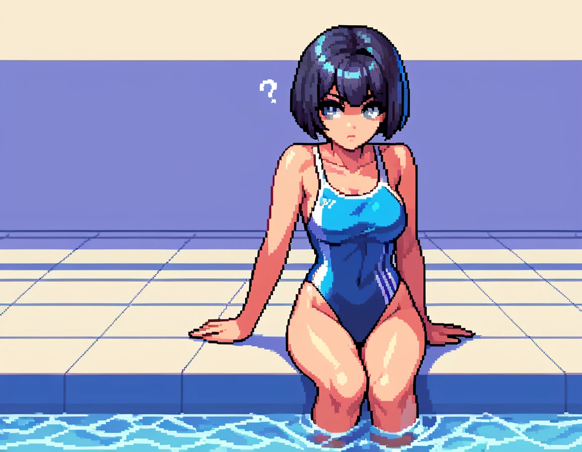 score_9, score_8_up, score_7_up, pixel art, 1girl,long shot, pool background, wearing a monokini, lovely lighting, bob cut hair, grey eyes, confused expression
