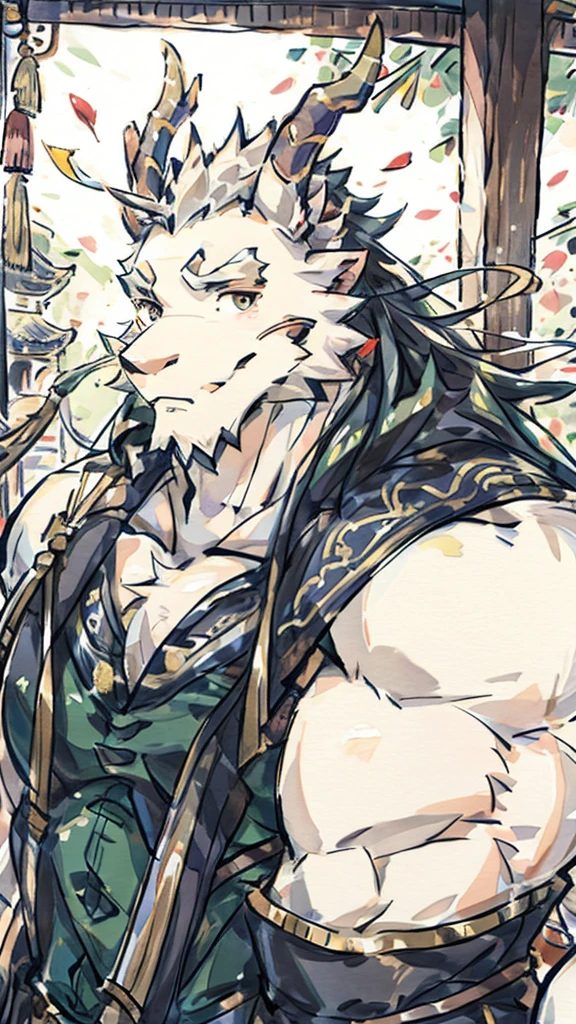 (white eastern dragon),furry,white mustache,big pecs,hearty males,muscular,naked,adult,traditional_chinese_room,head portrait