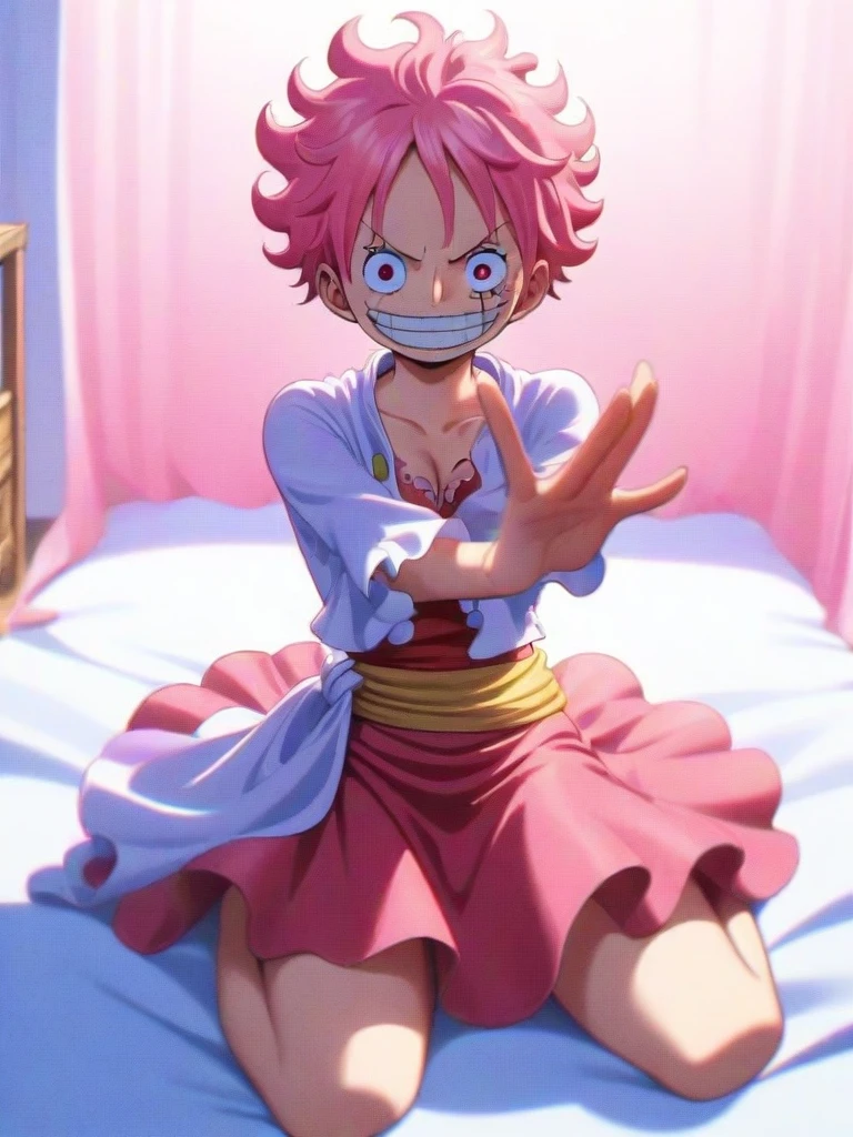 1girl, Monkey D. Luffy, One Piece,
Pink hair, pink eyes, white and pink mix, pink long skirt,
shes on a seiza pose, an empty and chill room