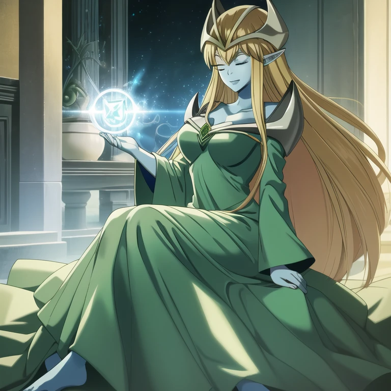 mysticalygo, mystical elf, smile, friendly look, medium breasts, eyes closed, green dress, long skirt, full body view, large sleeves, blue skin, blonde hair, long hair, Yugioh, sitting, 