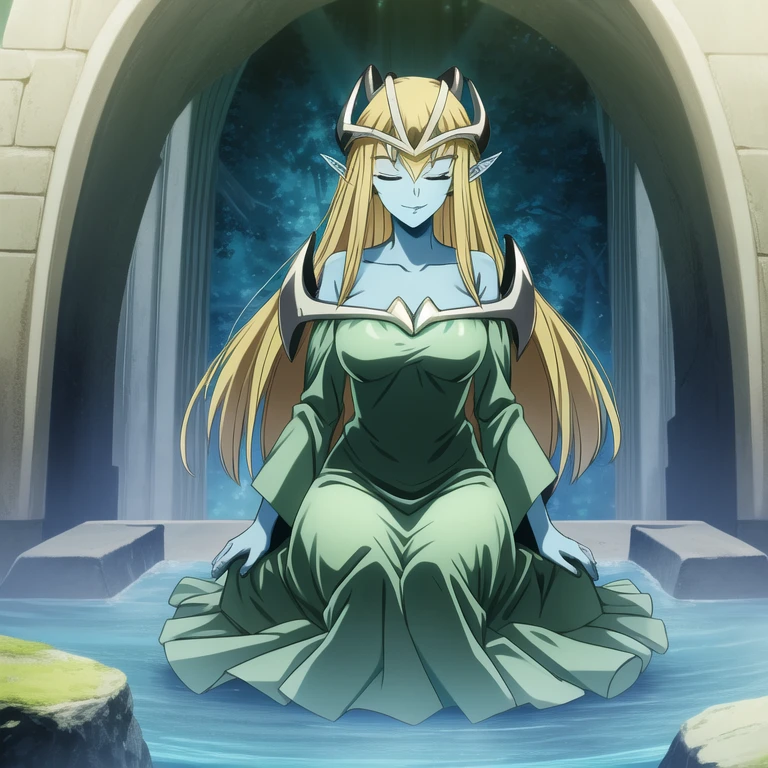 mysticalygo, mystical elf, smile, friendly look, medium breasts, eyes closed, green dress, long skirt, full body view, large sleeves, blue skin, blonde hair, long hair, Yugioh, sitting,