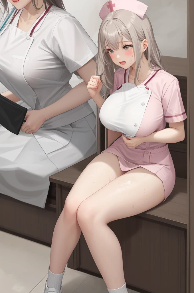 (1girll),Extra Large,(Lactation)(Extra Large胸)()breast,Conque,Moisturizes the skin,Sweaty skin,Wavy Gray Hair,White hair,Wearing pink nurse uniform,The thighs can be seen