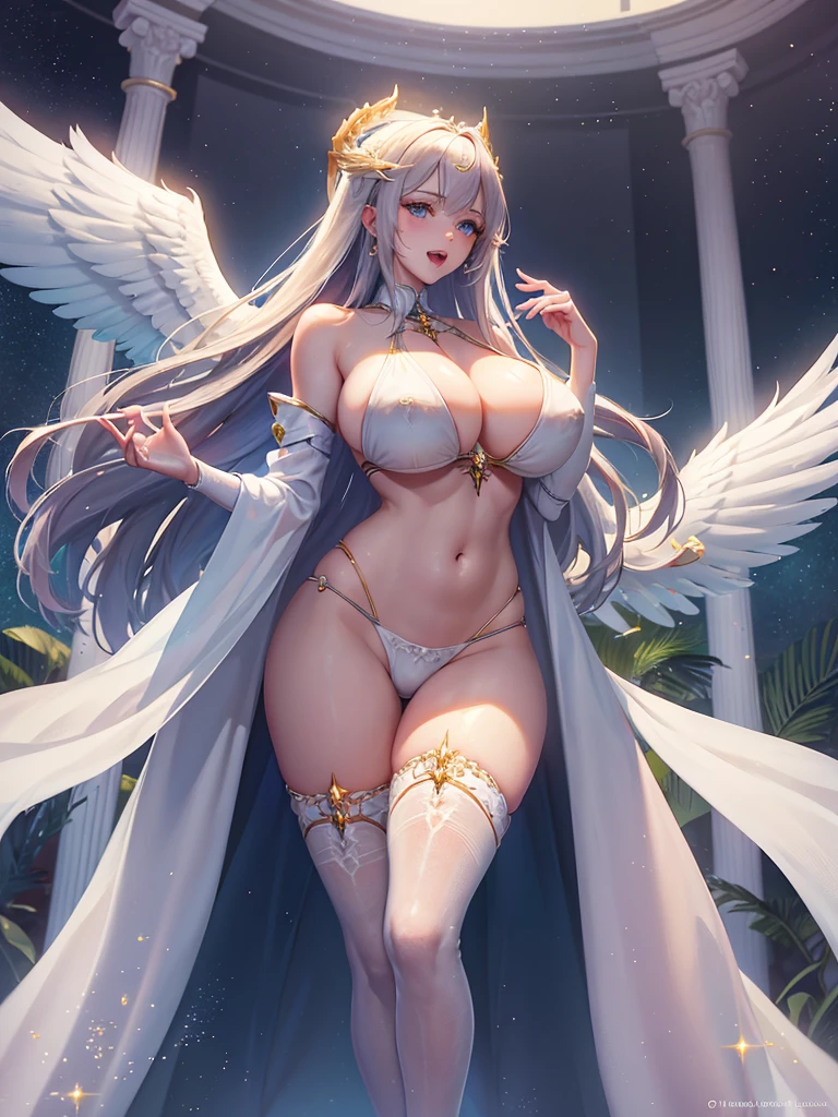 最high quality, high quality, 8K、High resolution,Highest quality、solo、A beautiful adult woman wearing a white bikini, Beautiful thighs、Background of a room with a chandelier、belly button、Open Mouth Smile、Blonde hair and blue eyes、白いビキニを着ているsuper Wide Angel, Majestic angel all over the body, Anime Goddess, Wide Angel, Angela White, chic, Spectacular angles and poses,Beautiful and attractive anime woman wearing a white bikini, Huge and stunning goddess shots, Angel Knight Girl, Tall female angel, She has angel wings on her back, Highly detailed goddess shot