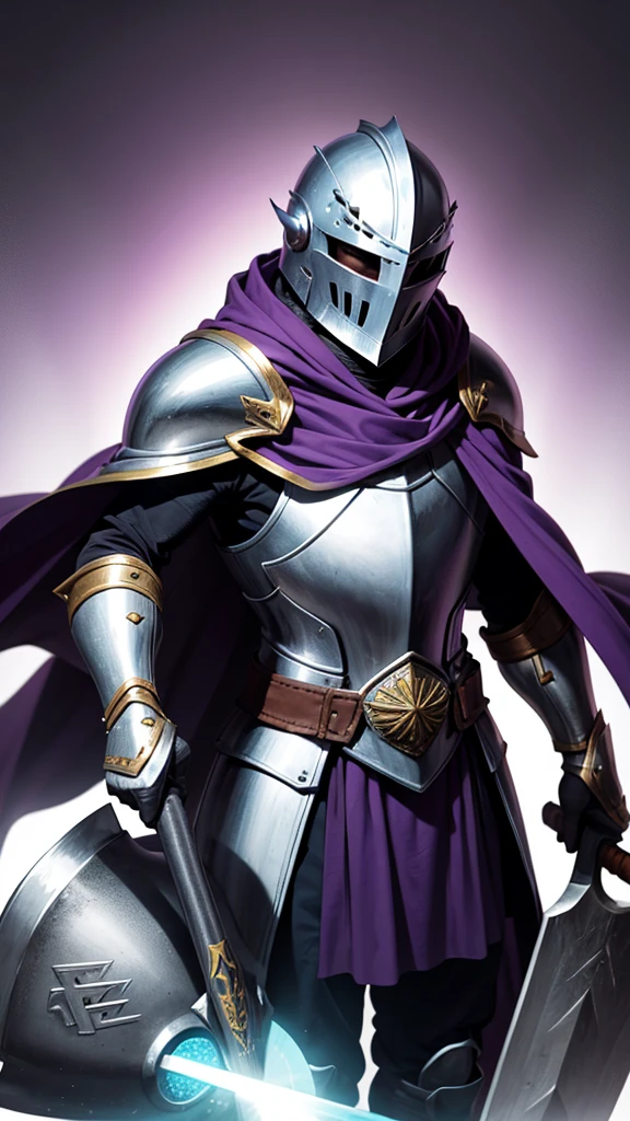 Knight wearing a flat helmet that covers the face, with a purple cape and holds an axe