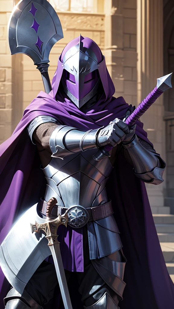 Knight wearing a flat helmet that covers the face, with a purple cape and holds an axe