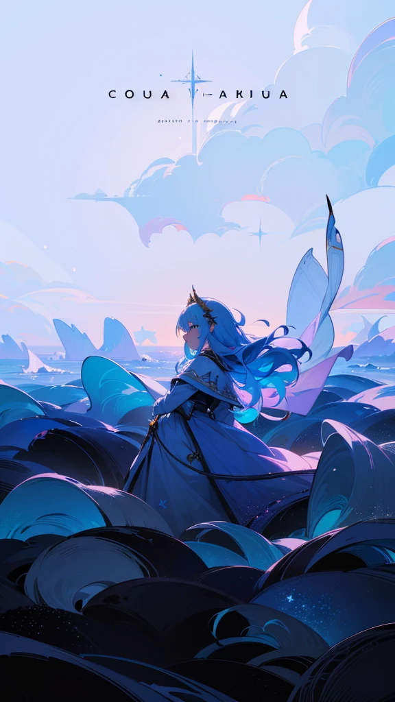 ((({SFW}:1))), (best quality,4k,8k, high res,masterpiece:1.2), ((masterpiece)), (((best quality))), slightly muted colors, solo girl, 1 character only, same character, hair color, hairstyle fax, eyes, simple white background, clouds, flowy hair, stars in hair, adult, starry eyes, sea, ocean, celestial, hairstyle fax, deity, muted blue hair, sky-like hair with stars, ocean hair, soft smile, (({comforting aura})), on clouds, abstract background:0.7, 

 Character in the middle ground, far, focus on the majestic and mesmerizing background, facing away from the viewer 

(best quality， masterpiece, Ultra-high resolution，（Reality：1.4), RAW photogr, warm lights, Beautiful goddess, Detailed scenes, Beautiful digital illustration, the detail,  Hyper-detailed, Cinematic quality, ultra-detailed, super detailed lighting,):1