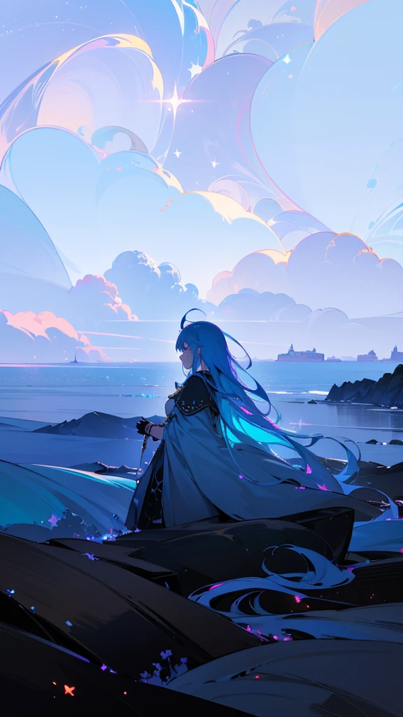 ((({SFW}:1))), (best quality,4k,8k, high res,masterpiece:1.2), ((masterpiece)), (((best quality))), slightly muted colors, solo girl, 1 character only, same character, hair color, hairstyle fax, eyes, simple white background, clouds, flowy hair, stars in hair, adult, starry eyes, sea, ocean, celestial, hairstyle fax, deity, muted blue hair, sky-like hair with stars, ocean hair, soft smile, (({comforting aura})), on clouds, abstract background:0.7,
Character in the middle ground, far, focus on the majestic and mesmerizing background, facing away from the viewer
(best quality, masterpiece, Ultra-high resolution,(Reality:1.4), RAW photogr, warm lights, Beautiful goddess, Detailed scenes, Beautiful digital illustration, the detail, Hyper-detailed, Cinematic quality, ultra-detailed, super detailed lighting,):1