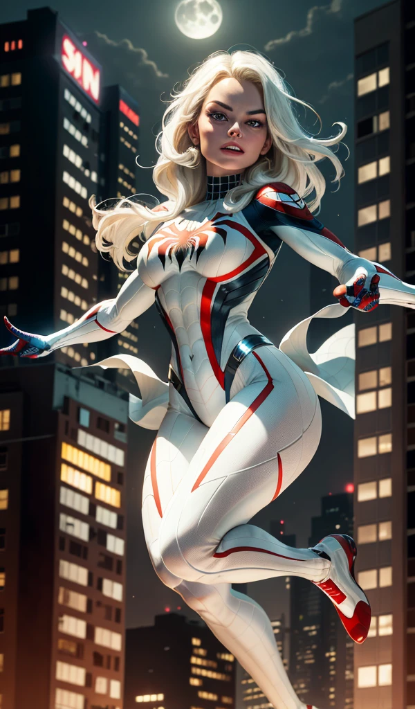 Margot Robbie (Masterpiece, 4k resolution, ultra-realistic, very detailed), (White superhero theme, charismatic, there's a girl at the top of town, wearing Spider-Man costume, she's a superhero), [ (25 years), (long white hair:1.2), full body, (blue eyes:1.2), ((Spider-Man pose),show of strength, jumping from one building to ther), ((sandy urban environment):0.8)| (cityscape, at night, dynamic lights), (full moon))] # Explanation: The Prompt mainly describes a 4K painting of ultra-high definition, very realistic, very detailed. It shows a superheroine at the top of the city, wearing a Spider-Man costume. The theme in the painting is a white superhero theme, the female protagonist has long white hair, is 25 years old and her entire body is shown in the painting. In terms of portraying the actions of superheroines, spiders are employed