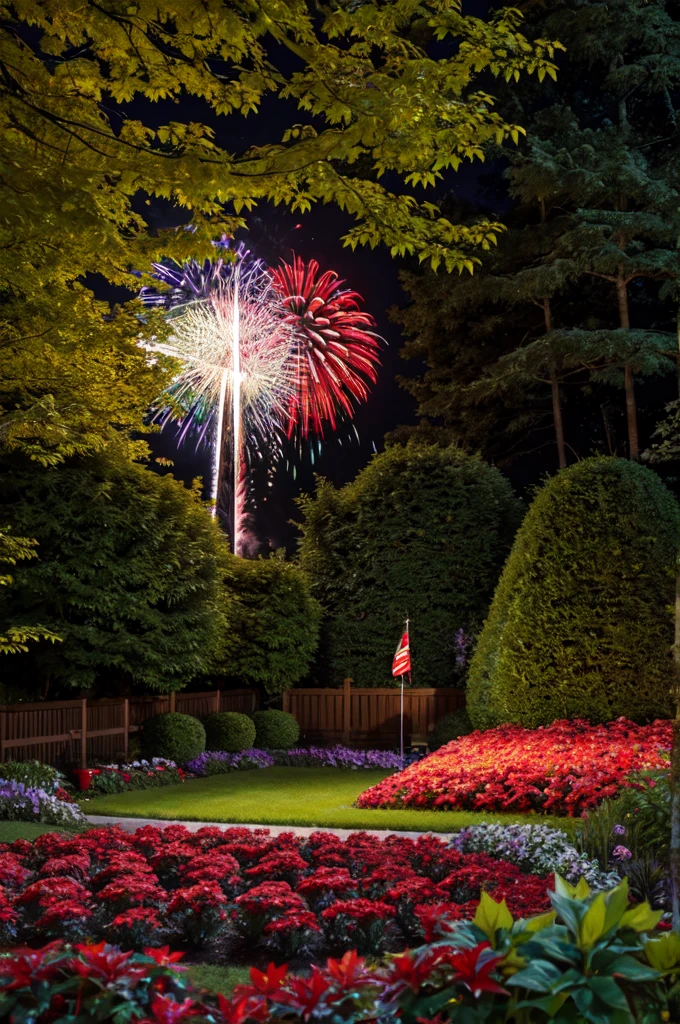 colorful garden, canadian flag, fireworks, maple leaves, patriotic, realistic, vibrant colors, 4k, 8k, high quality, extremely detailed, photorealistic, professional, studio lighting, bokeh, magical