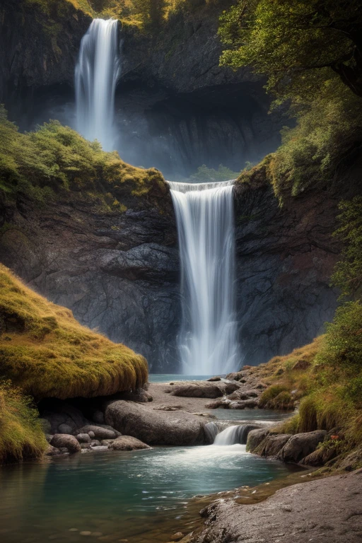 breathtaking LegLandscapesQuiron, legendary landscapes by quiron, landscapesquiron, surreal, particles, chromatic aberration, glowing, shiny, scenery, landscape, nature, fantasy , tree , intricate artwork masterpiece, impressive, stunning, Celtic , Ethereal Waterfalls, . award-winning, professional, highly detailed,live-action,Joren Falls,