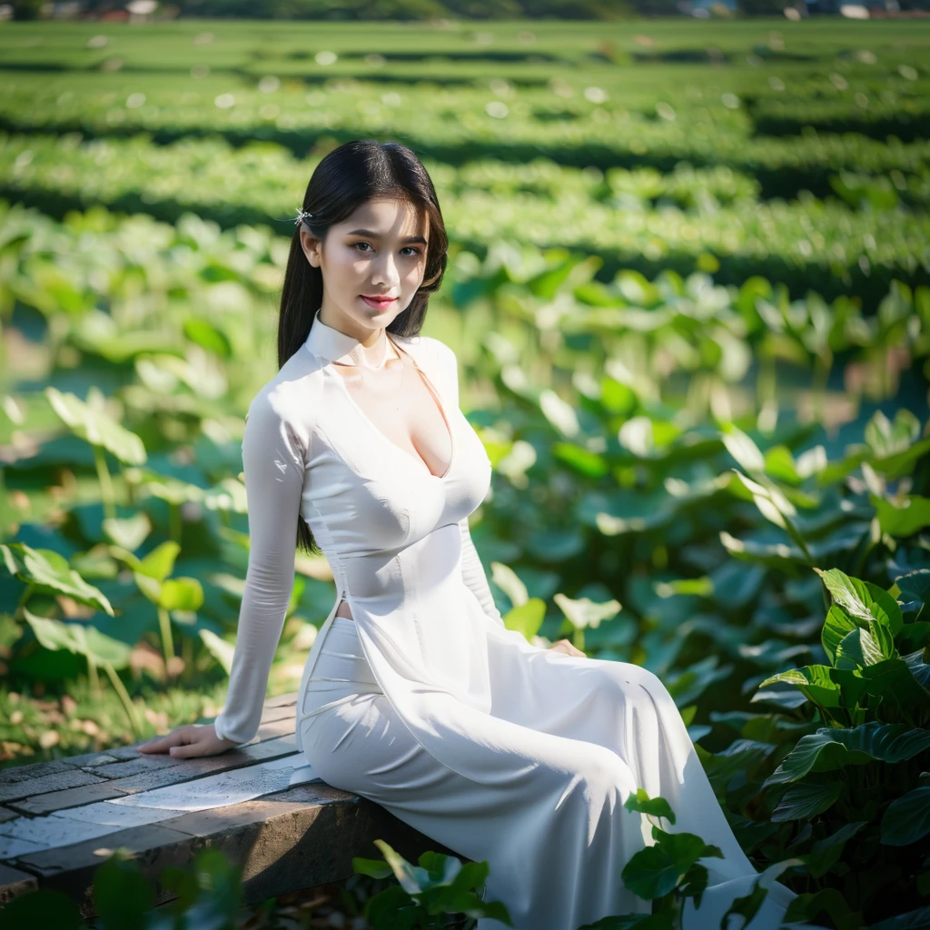 big breasts, round breasts, wearing bra inside ao dai, slim figure, beautiful figure, big breasts, ponytail, sharp 8k quality photo, ((beautiful, sharp, balanced face details) for )), ((beautiful breasts, exposed cleavage, plump body), ((beautiful sparkling eyes, sharp eye details, beautiful face)), sitting in the middle of rice fields, ((super beautiful body with high details , tight body, wide chest, slim waist)), ((thin cleavage, round breasts))