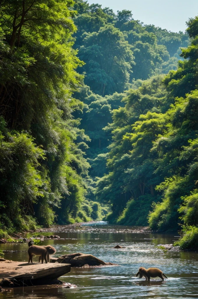 A deep forest. There are many animals inside the forest. A baboon flows by. A small river goes to fish in that river. A fisherman attacks the fisherman.