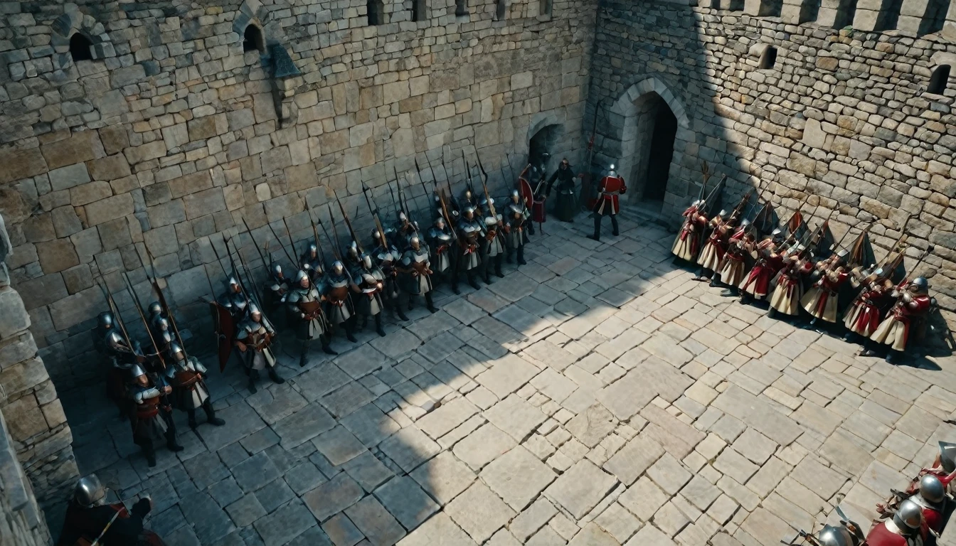 score_9, score_8_up, score_7_up, source_photo, photography, photorealistic, detailed, cinematic angle, rating safe, from below, Wide shot, Medieval soldiers on the ramparts firing their bows, stone floor, masterpiece, best quality, 8k,