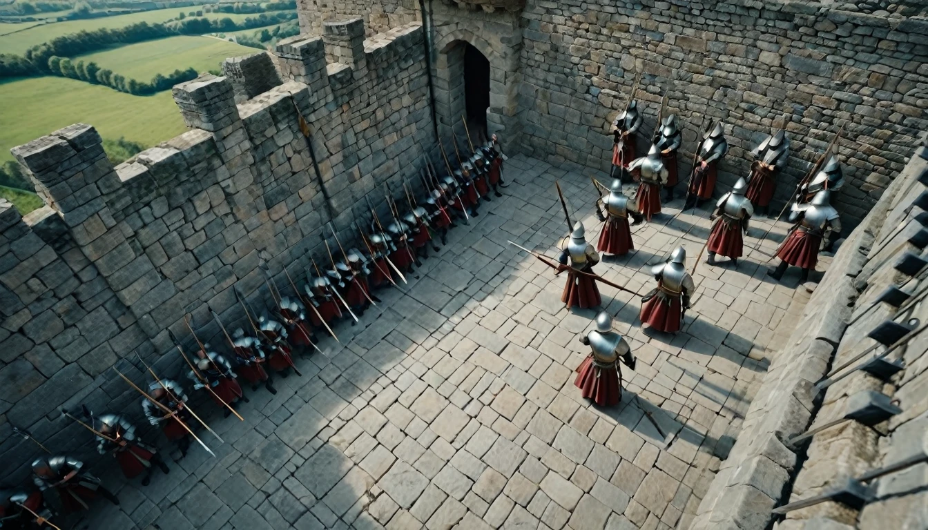 score_9, score_8_up, score_7_up, source_photo, photography, photorealistic, detailed, cinematic angle, rating safe, from below, Wide shot, Medieval soldiers on the ramparts firing their bows, stone floor, masterpiece, best quality, 8k,