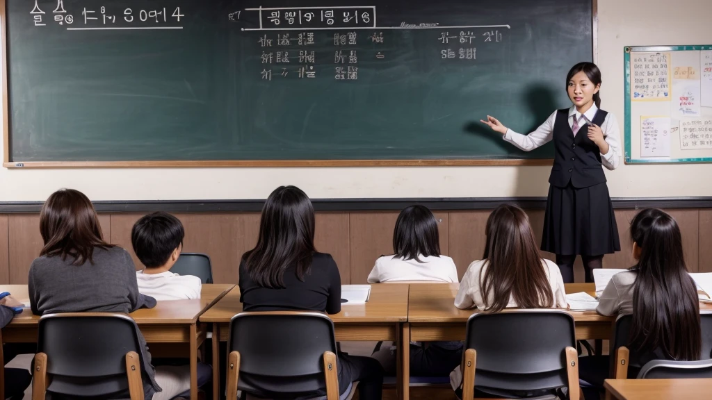 A Korean teacher in front of the blackboard giving instructions to her students how to masturbate correctly. There are five students in front of the blackboard sitting on a chair with their legs open masturbating.