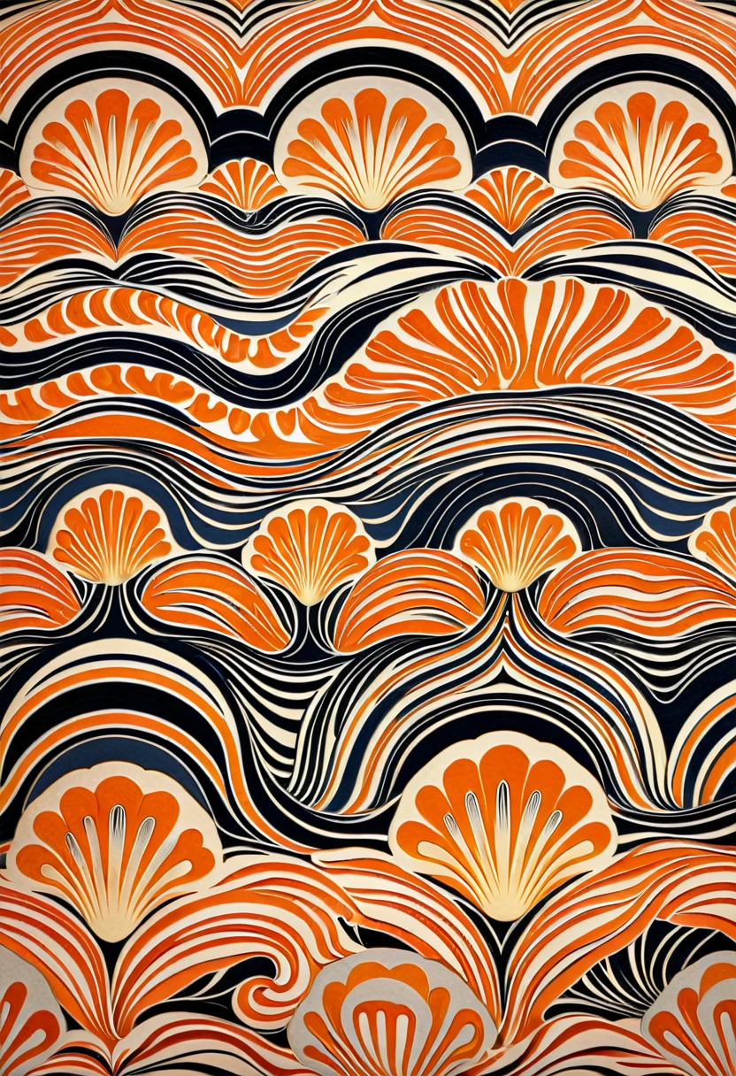 Close up of shell and flower pattern, Melting into coral pattern, Inspired by Alesso Barnetti (Alesso Baldovinetti), Inspired by Aimé Barrow, art deco motifs, Art Nouveau background, Art Deco with intricate ripples, Art Deco stripe pattern, Art Nouveau motifs, art deco motifss, Adolf Wolfli (Adolf Wölfli) of inspiration, repeating fabric pattern