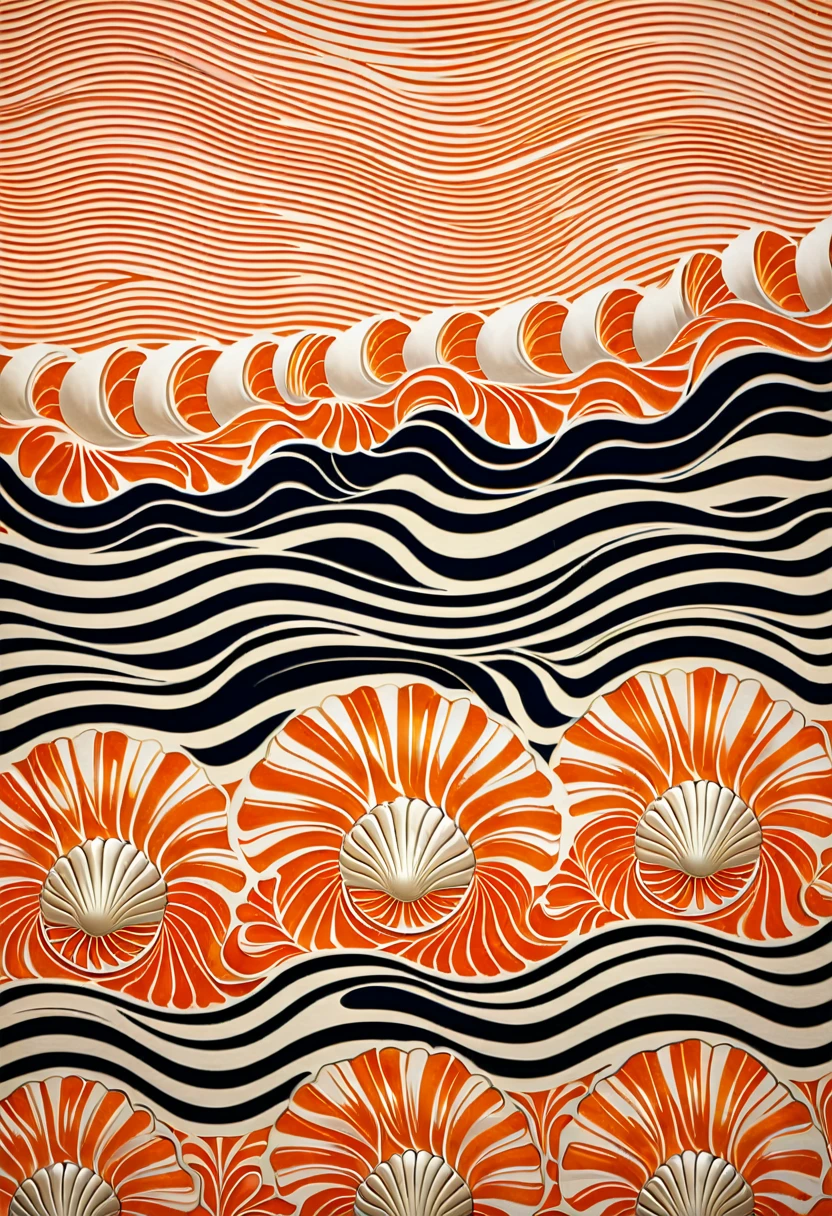 Close up of shell and flower pattern, Melting into coral pattern, Inspired by Alesso Barnetti (Alesso Baldovinetti), Inspired by Aimé Barrow, art deco motifs, Art Nouveau background, Art Deco with intricate ripples, Art Deco stripe pattern, Art Nouveau motifs, art deco motifss, Adolf Wolfli (Adolf Wölfli) of inspiration, repeating fabric pattern