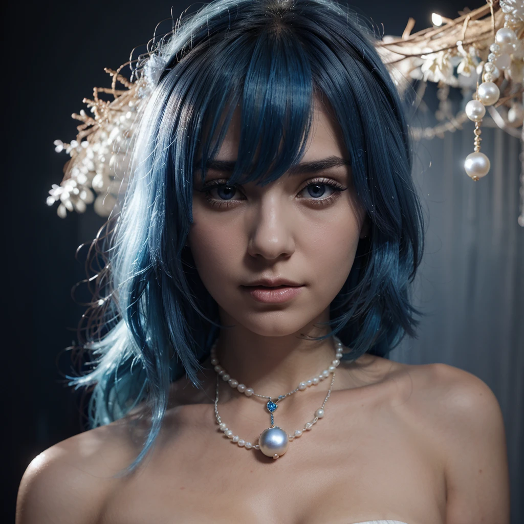 A beautiful woman  Blue hair, white With an intimate look with a blue pearl necklace, Dark background 