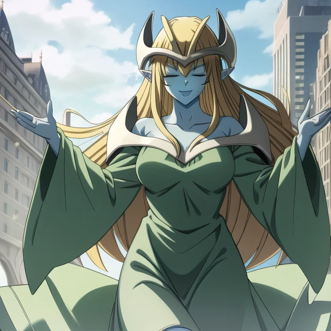 mysticalygo, mystical elf, smile, friendly look, medium breasts, eyes closed, green dress, large long skirt, sleeve cover hands, no hands, large long sleeves, blue skin, blonde hair, long hair, Yugioh, city, park ground 