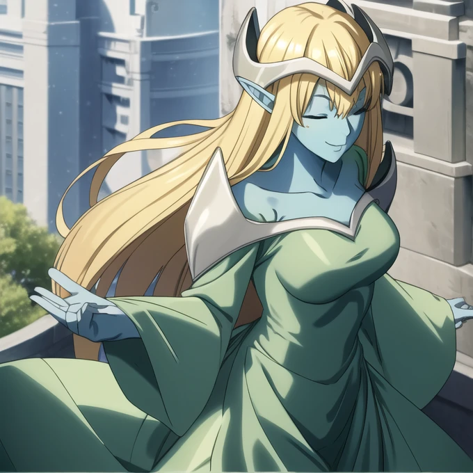 mysticalygo, mystical elf, smile, friendly look, medium breasts, eyes closed, green dress, large long skirt, sleeve cover hands, no hands, large long sleeves, blue skin, blonde hair, long hair, Yugioh, city, park ground 