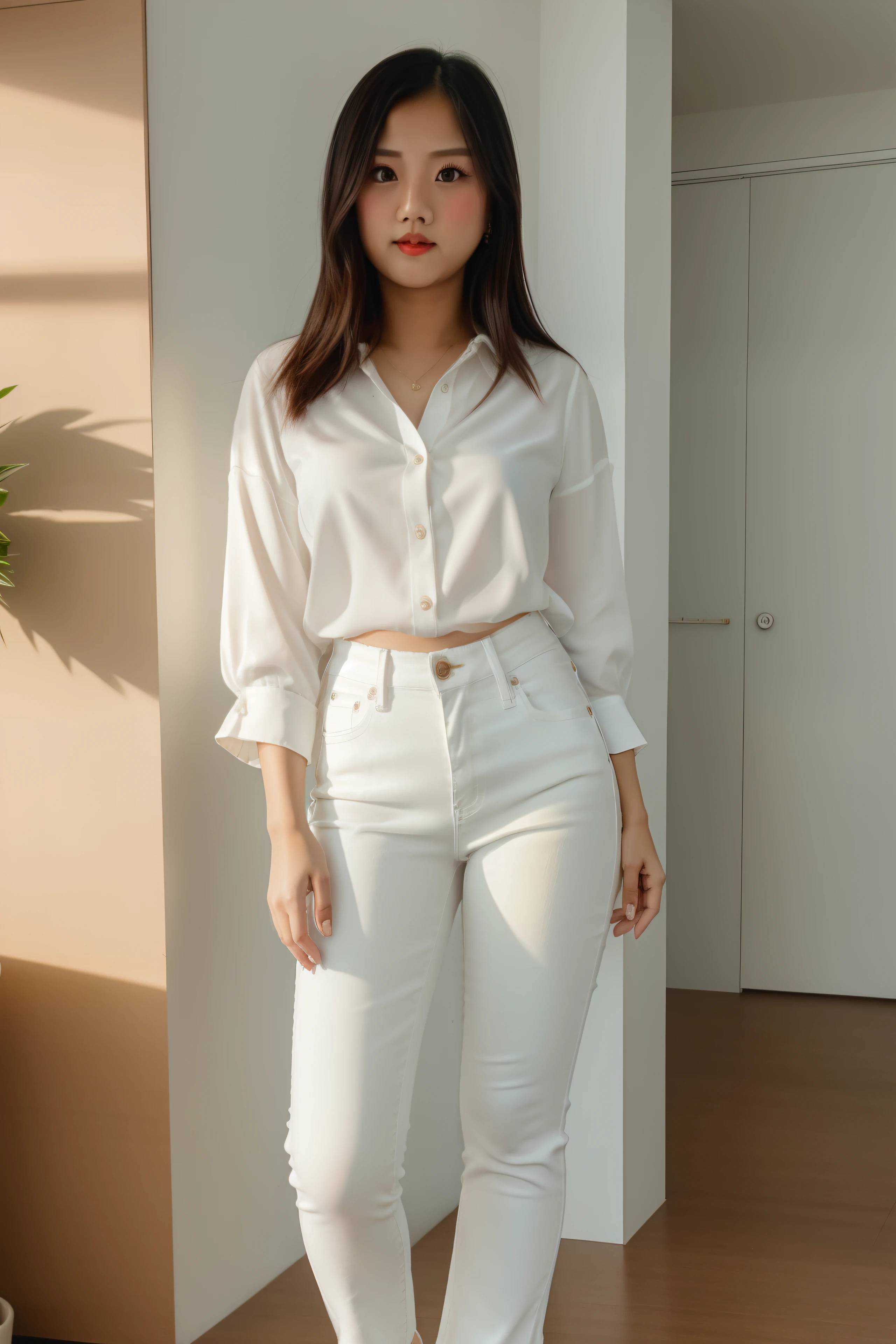 mai0cmspringlora wearing a white blouse and jeans, looking at viewer, standing, full body shot, (high detailed skin:1.2), 8k uhd, dslr, soft lighting, high quality, film grain, Fujifilm XT3
