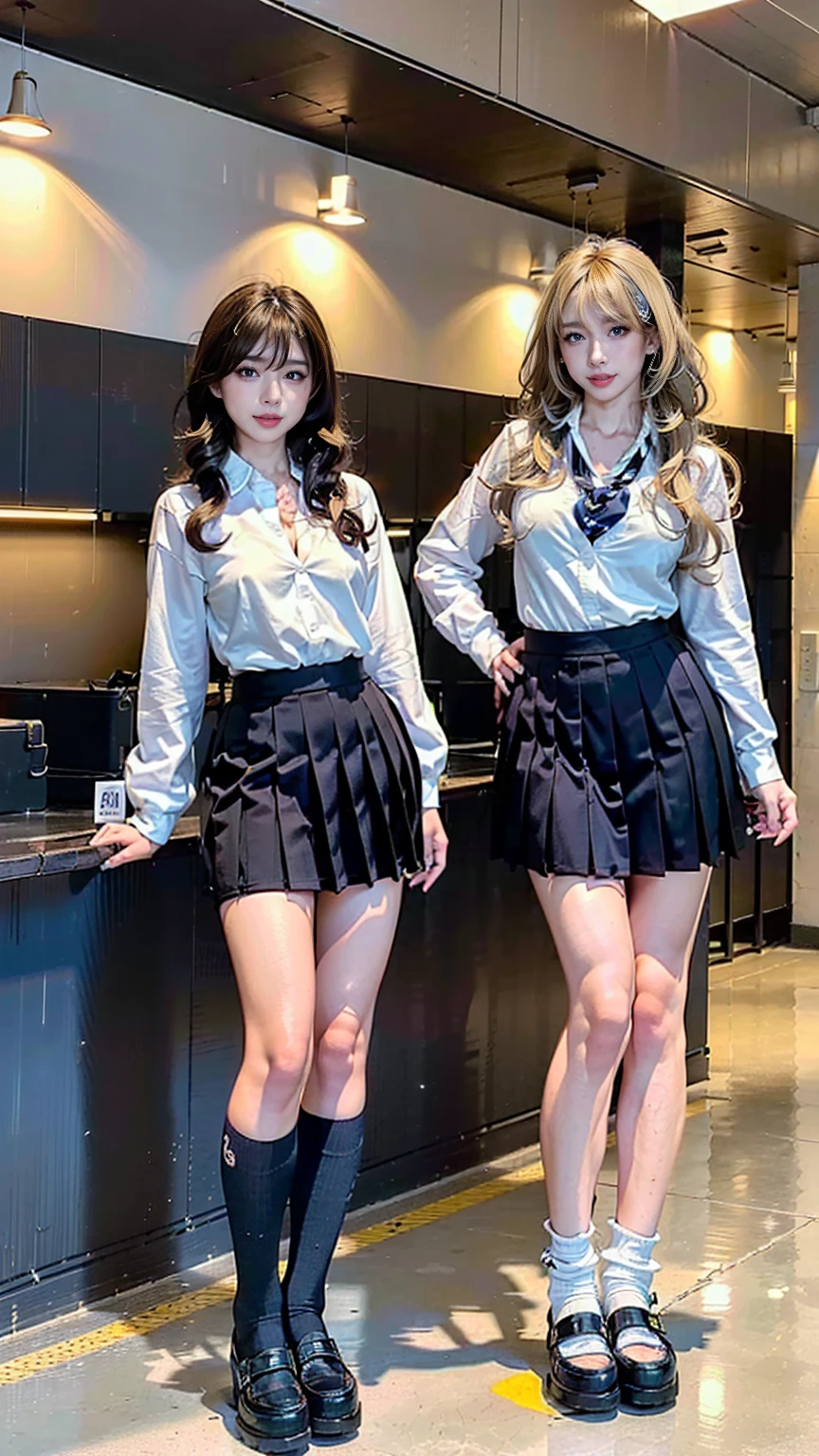 (high quality)、(high resolution)、Professional Lighting、Three 10-year-old girls、Three elementary school students、Young face、Thin and beautiful legs、Narrow waist、(Big Breasts:1.2)、whole body、(smile:1.1)、(A classy, see-through, sleeveless, lace blouse with buttons and a collar:1.2)、(See-through lace mini skirt:1.2)、(Angle from below)