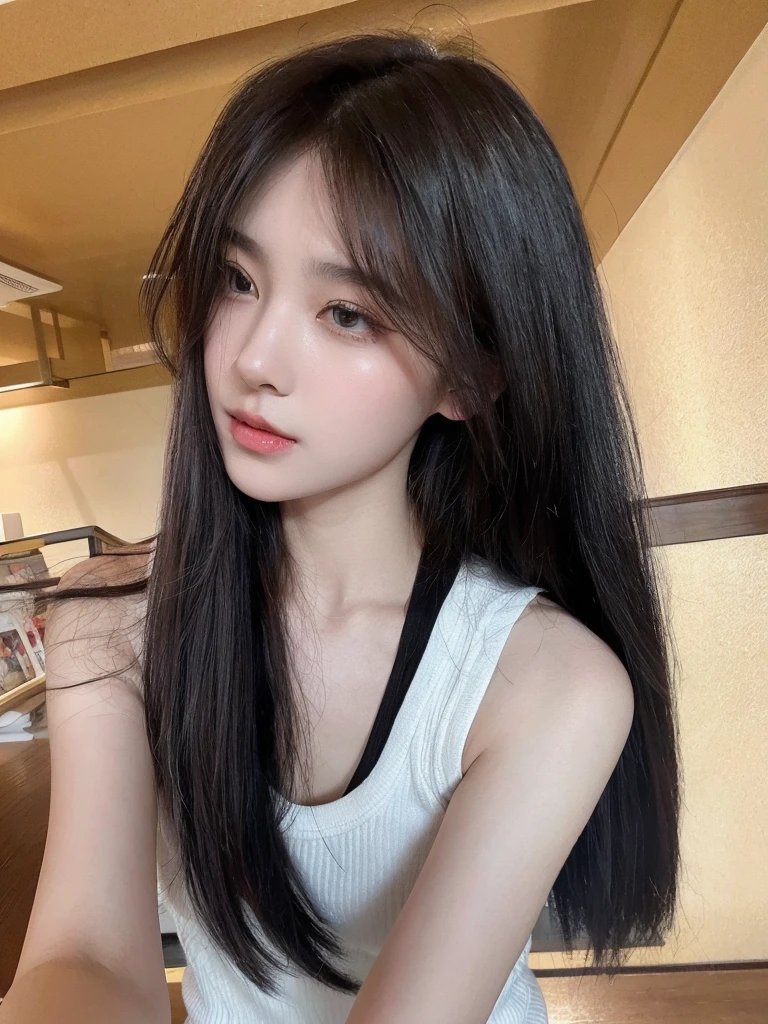 Middle-parted bangs，Black long straight，The background is simple, clean and tidy，Natural and beautiful hair