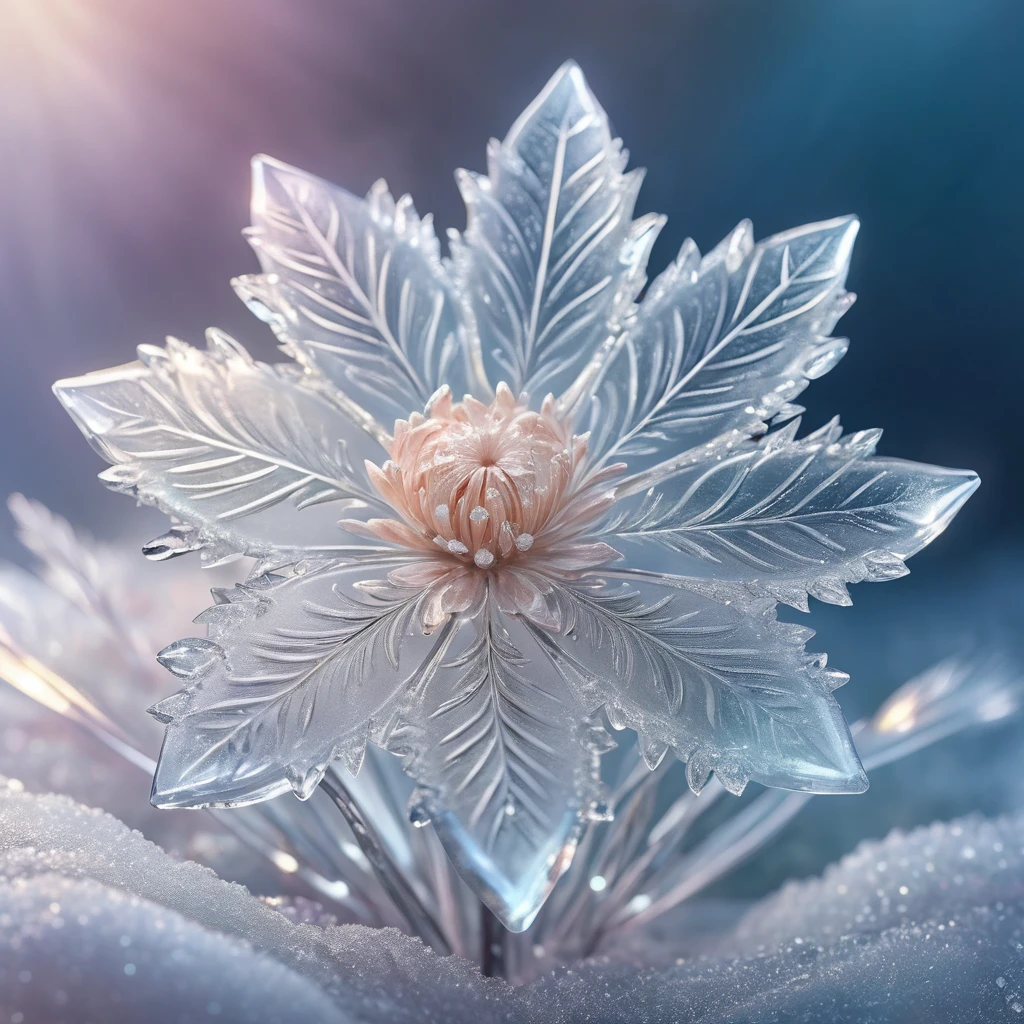 A transparent, frozen flower hair ornament, detailed ice crystals, delicate petals, intricate design, glowing translucent effect, ethereal beauty, winter wonderland, soft lighting, pastel color palette, cinematic composition, highly detailed, 8K, photorealistic, masterpiece