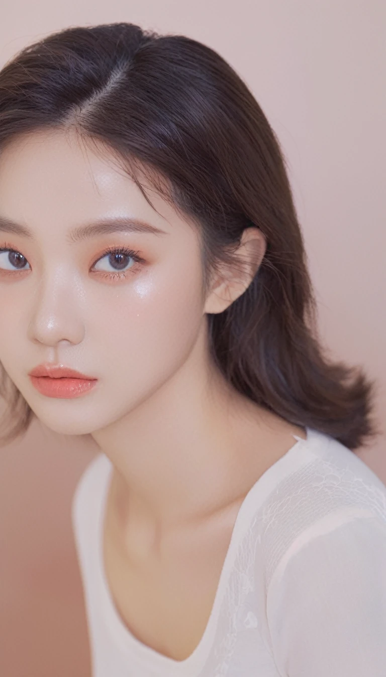 medium wide close-up, potrait, wide shoot, profile photo, front photo, 1girl, woman, (Photorealsitic)、(intricate detailes:1.2)、(masterpiece、:1.3)、beauty face, (top-quality:1.4)、(超A high resolution:1.2)、超A high resolution、(A detailed eye)、(detailed facial features), ((Realistic lighting、top-quality、8K、natural light, masterpiece:1.3))、bright photo, Clear focus:1.2、1girl in、flawless beauty:1.4、Superfine Face、Narrow-eyed、double eyelid、photos realistic, perfect eyes, perfect skin, detailed skin, detailed face, looking viewer, front view, potrait, raw photo, simple soft pink background, (intricate detailed skin textured:1.4) front view, looking viewer, clear face, 1 girl、porate、Bright and very beautiful face、beautiful girl, A stunning close-up portrait showcasing the beauty of a Korean model. The composition features soft, natural lighting , bright eyes, and striking cheekbones. Her glossy, The background is simply white background, wear sweetshirt, neat hair, long hair, instagram model, profil picture, bright and natural