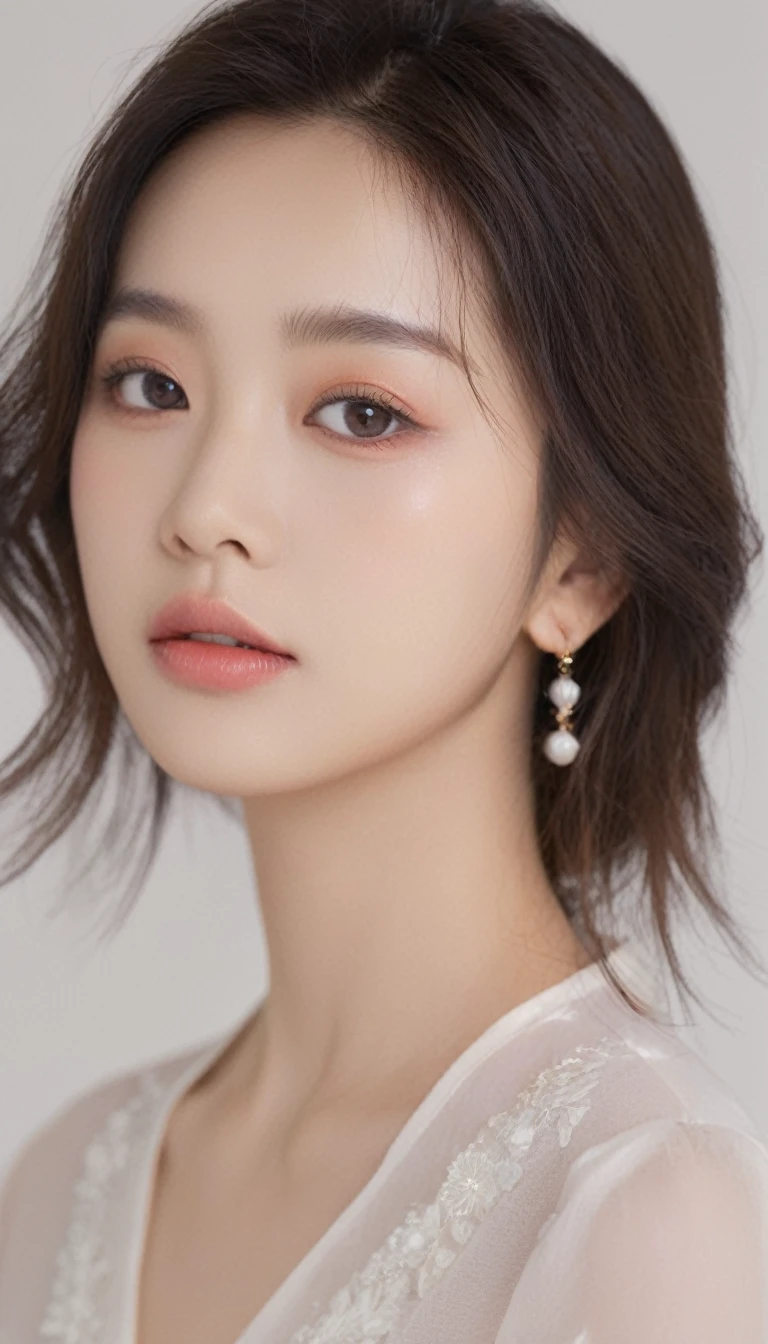 medium wide close-up, potrait, wide shoot, profile photo, front photo, 1girl, woman, (Photorealsitic)、(intricate detailes:1.2)、(masterpiece、:1.3)、beauty face, (top-quality:1.4)、(超A high resolution:1.2)、超A high resolution、(A detailed eye)、(detailed facial features), ((Realistic lighting、top-quality、8K、natural light, masterpiece:1.3))、bright photo, Clear focus:1.2、1girl in、flawless beauty:1.4、Superfine Face、Narrow-eyed、double eyelid、photos realistic, perfect eyes, perfect skin, detailed skin, detailed face, looking viewer, front view, potrait, raw photo, simple soft pink background, (intricate detailed skin textured:1.4) front view, looking viewer, clear face, 1 girl、porate、Bright and very beautiful face、beautiful girl, A stunning close-up portrait showcasing the beauty of a Korean model. The composition features soft, natural lighting , bright eyes, and striking cheekbones. Her glossy, The background is simply white background, wear sweetshirt, neat hair, long hair, instagram model, profil picture, bright and natural