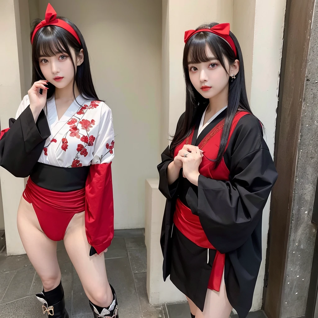 Urzan-6500-v1.1, (RAW Photos:1.2), (Photorealistic), (Genuine:1.4), (Pieces fly), Elegant woman with a perfect figure: 1.3, Jet Black Hair、((Straight bob hair with neatly trimmed ends、bangs、Red Hairband))、(She is wearing a deep purple furisode with an elegant pattern..)、Standing with the fan closed、Majestic Hall々, (A look full of murderous intent:1.2)、 Highly detailed face and skin, Beautiful Eyes, double eyelid, Full Body Shot:1.2、Wearing short boots、(1 person:1.4)、With panties、
