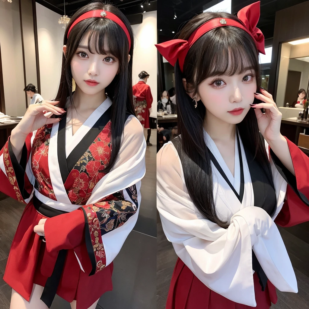 Urzan-6500-v1.1, (RAW Photos:1.2), (Photorealistic), (Genuine:1.4), (Pieces fly), Elegant woman with a perfect figure: 1.3, Jet Black Hair、((Straight bob hair with neatly trimmed ends、bangs、Red Hairband))、(She is wearing a deep purple furisode with an elegant pattern..)、Standing with the fan closed、Majestic Hall々, (A look full of murderous intent:1.2)、 Highly detailed face and skin, Beautiful Eyes, double eyelid, Full Body Shot:1.2、Wearing short boots、(1 person:1.4)、With panties、