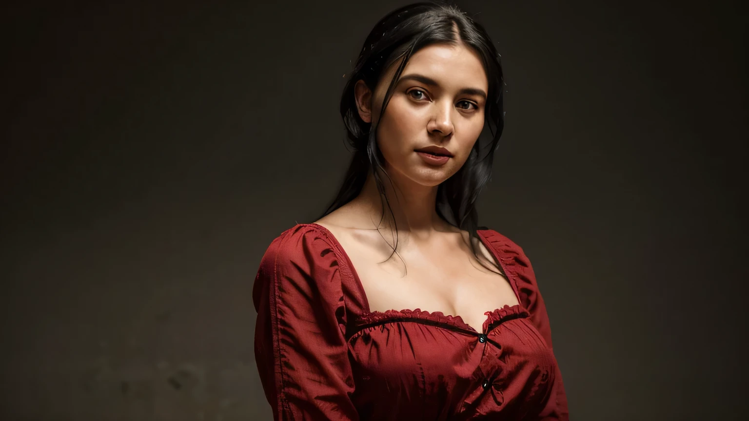 Create a hyper-realistic portrait of a 20th century rural woman who wears a red dress and has black hair. The portrait must have a black background, old style photography and looking straight ahead. The woman must be pretty like a model, but you can&#39;t miss the rural style