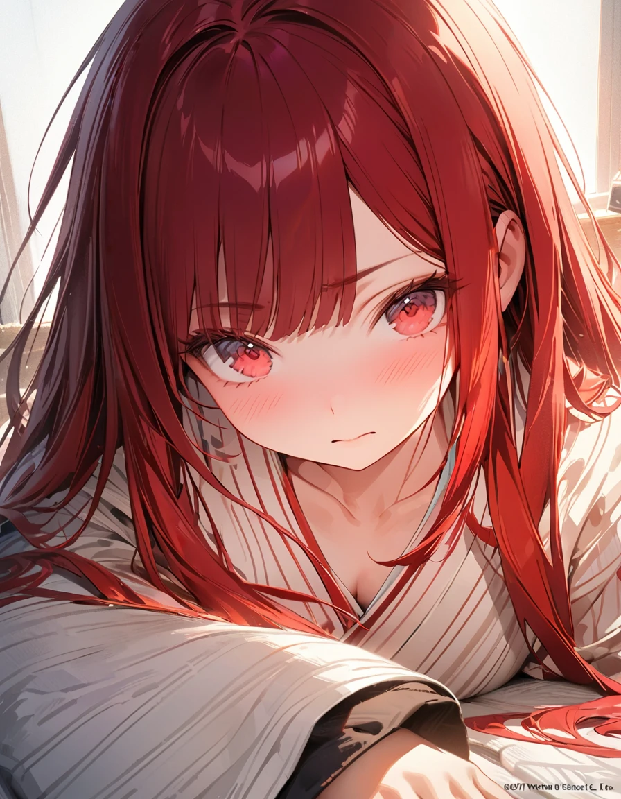 masterpiece　Detailed description　A woman with very long red hair　Japanese-style yukata　Embarrassed(Masseter muscle area, high quality, Mysterious, Beautiful and beautiful, Ideal body proportions, Official image art, Impressionism), (Ultra-high resolution, 8k RAW photos, Photorealistic, Natural light, Textile Shading),Perfect Fingers

